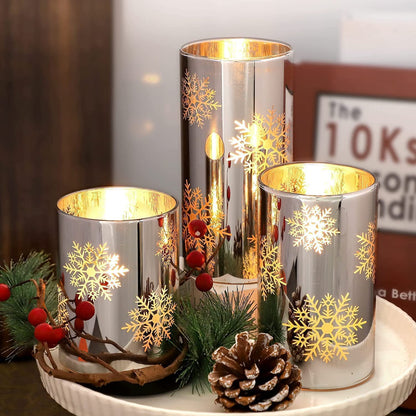 GORGE MOMENT Flameless Candles with Remote, Christmas Holiday LED Flickering Candles, Snowflake Candle Glass, Battery Operated, Xmas Gift Decorations Bathroom Home Party Decor [x3]