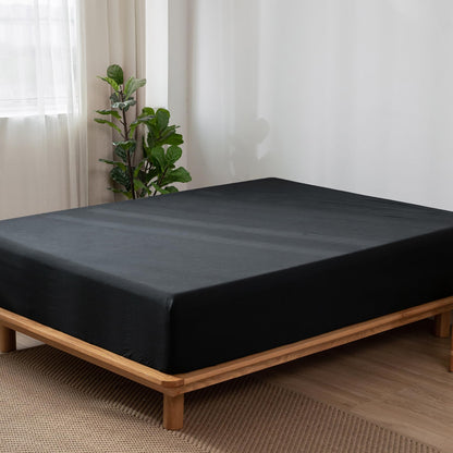 MooMee Fitted Bottom Sheet Only 100% Washed Cotton Linen Like Textured Breathable Durable Soft Comfy Deep Pocket Fits Mattress up to 17" (Black, Queen)