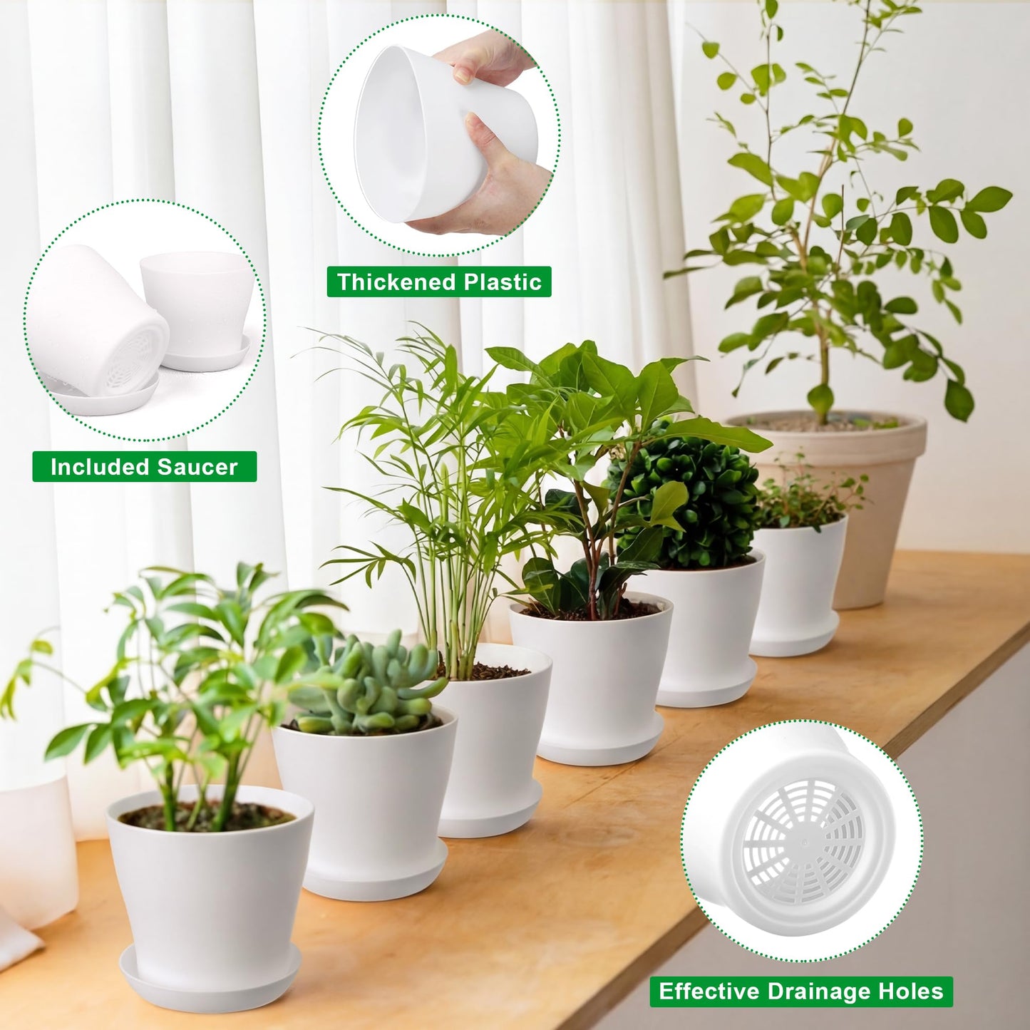 Hahood 48 Pack Plastic Planters 5.5 Inch Flower Plant Pots Indoor Set Thickened Seedling Nursery Pots Seed Starting Pots with Drainage Holes Saucers Mini Garden Tool for Home Office Garden, White