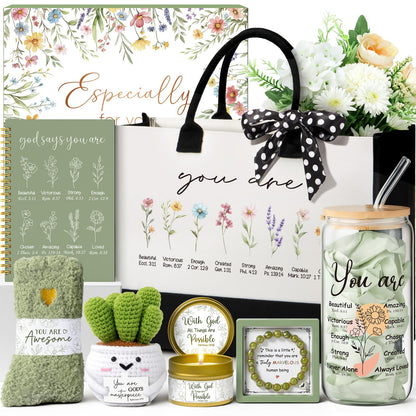 Christian Gifts for Christians Women Faith, Religious Inspirational Easter Gifts for Catholic Women, Spiritual Easter Basket Birthday Gift Set for Her Mom Sister Friend Grandma Wife w/ Canvas Tote Bag