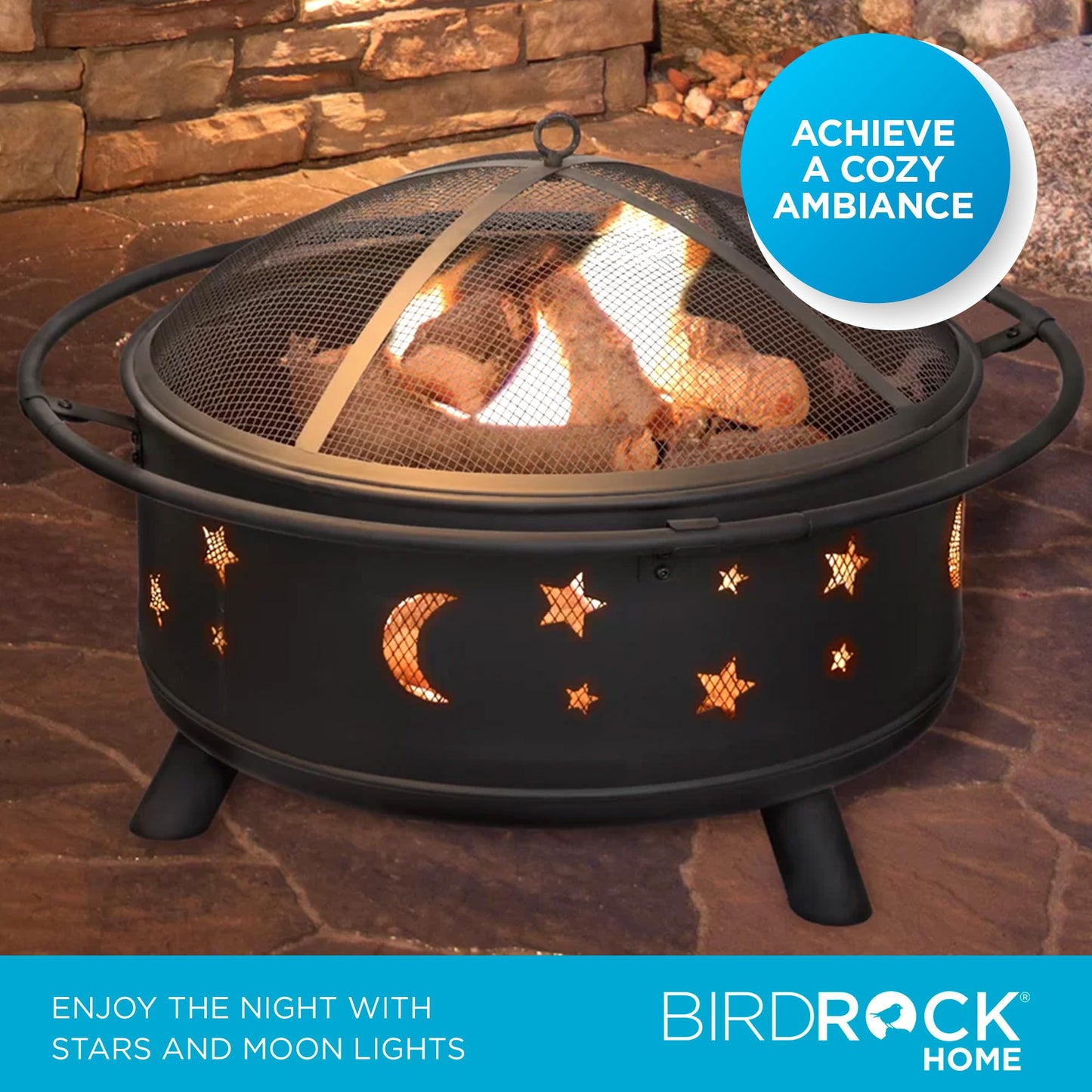 BIRDROCK HOME 30″ Round Wood-Burning Fire Pit – Portable Outdoor Patio & Garden Fire Bowl with Stars & Moon Cut-Outs, Spark Screen, Built-in Grate, 4 Roasting Sticks & Fire Poker - Black