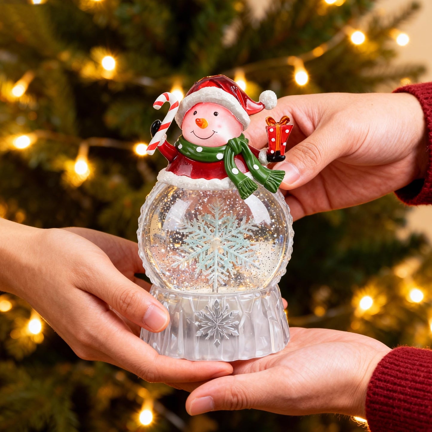 9" Lighted Christmas Snow Globe Lantern, Snowman Water Globe with Swirling Glitter, 8 Christmas Songs, USB/Battery Powered, 6H Timer, LED Holiday Tabletop Decor