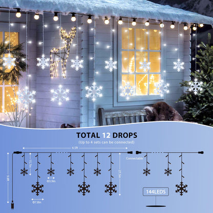 Qunlight Christmas Snowflake Icicle Lights,6.5ft 144LED Curtain Lights Outdoor with 12 Drops, 8 Modes Waterproof Connectable Fairy Light for Eaves, Garden, Yard, Indoor Outdoor Xmas Decor (White)