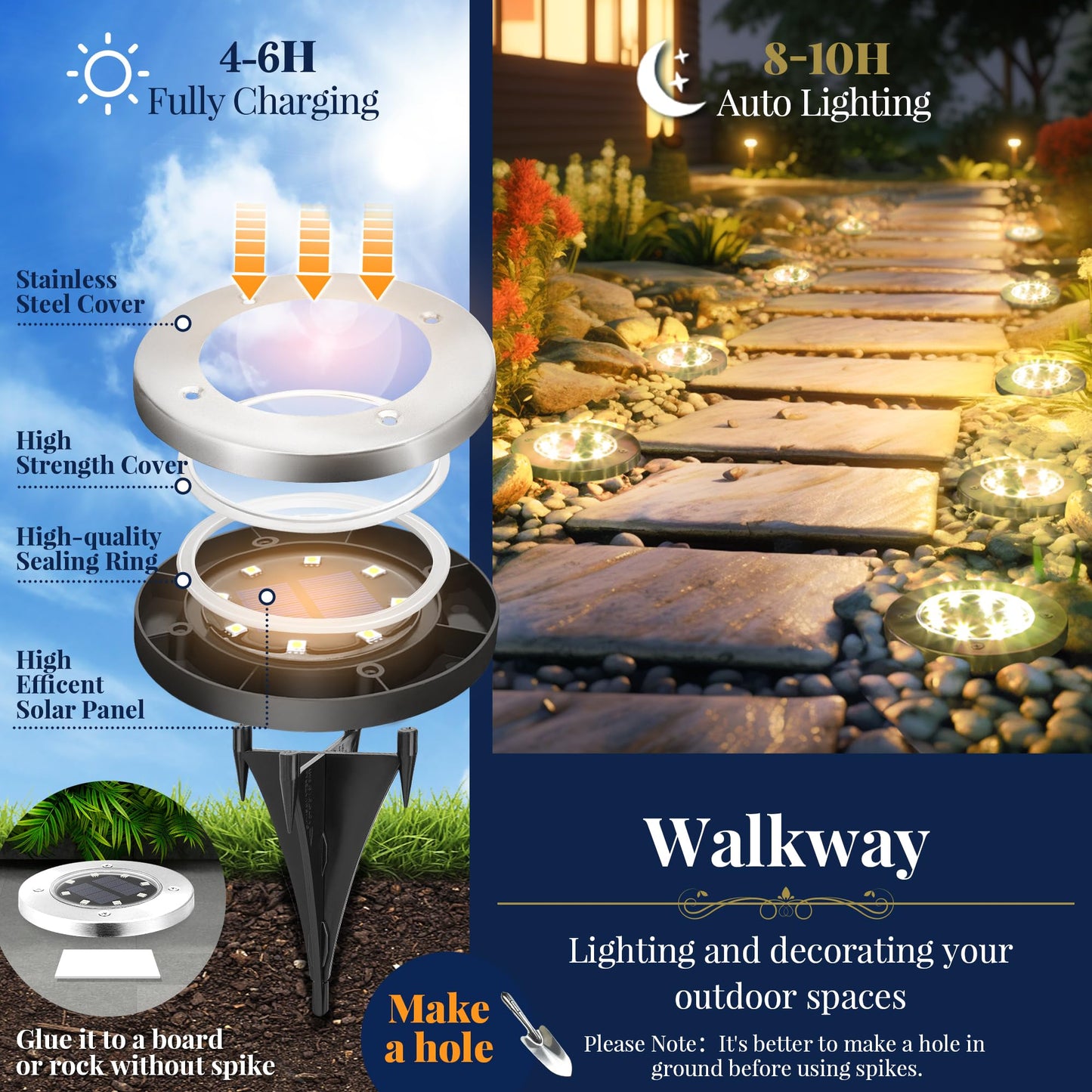SOLPEX Solar Ground Lights, 12 Pack Solar Lights Outdoor Waterproof, 8 LED Solar Powered Landscape Lighting for Garden Yard Patio Driveway Pathway Walkway (Warm White)