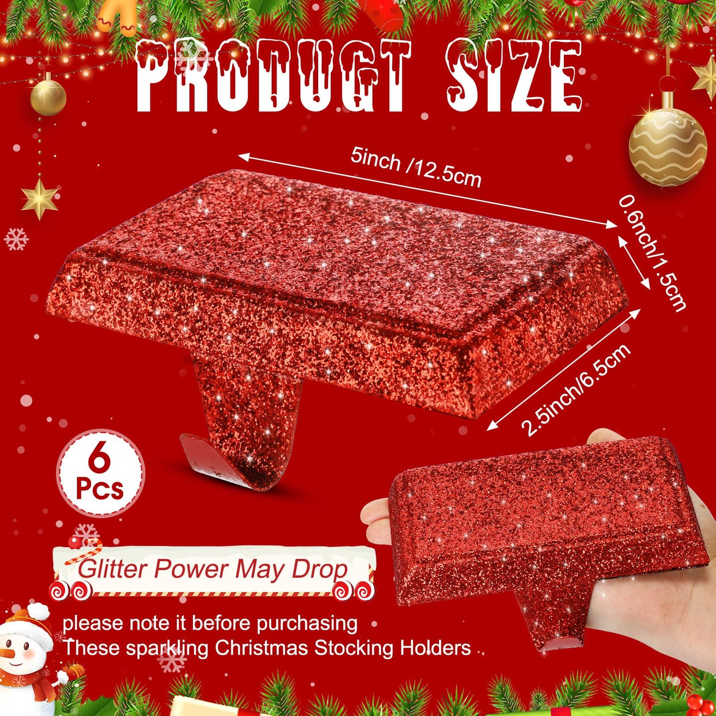 Huwena Metal Christmas Stocking Holders Shiny Mantel Heavy Duty Stocking Hooks Glitter Hanging Hangers Christmas Ornaments for Fireplace Window Mantle Table Decoration(Stylish,Red,4 Pcs)