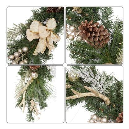 LinTimes Christmas Garland with 20 Led Lights, 6 Ft Pre-Lit Gold Xmas Garland with Faux Antlers Bow-Knot Ball Ornaments, Battery Operated Garland with Timer for Mantle Staircase Table Decoration