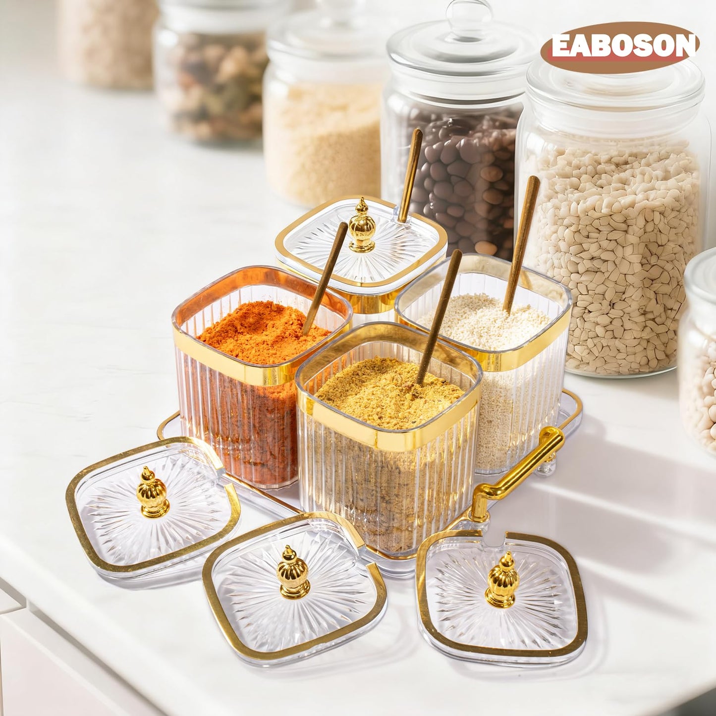 EABOSON 4 Pack Clear Condiment Spice Jars with Lids, Spoons, Tray - Plastic Seasoning Box Set for Salt, Pepper, Sugar - Kitchen Storage