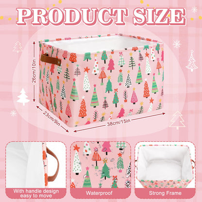 FYSUIMU Christmas Storage Basket with Handles Xmas Tree Pink Cube Storage Bin Foldable Fabric Container Organizer Box for Home Office Dorm Closet Shelf Toy