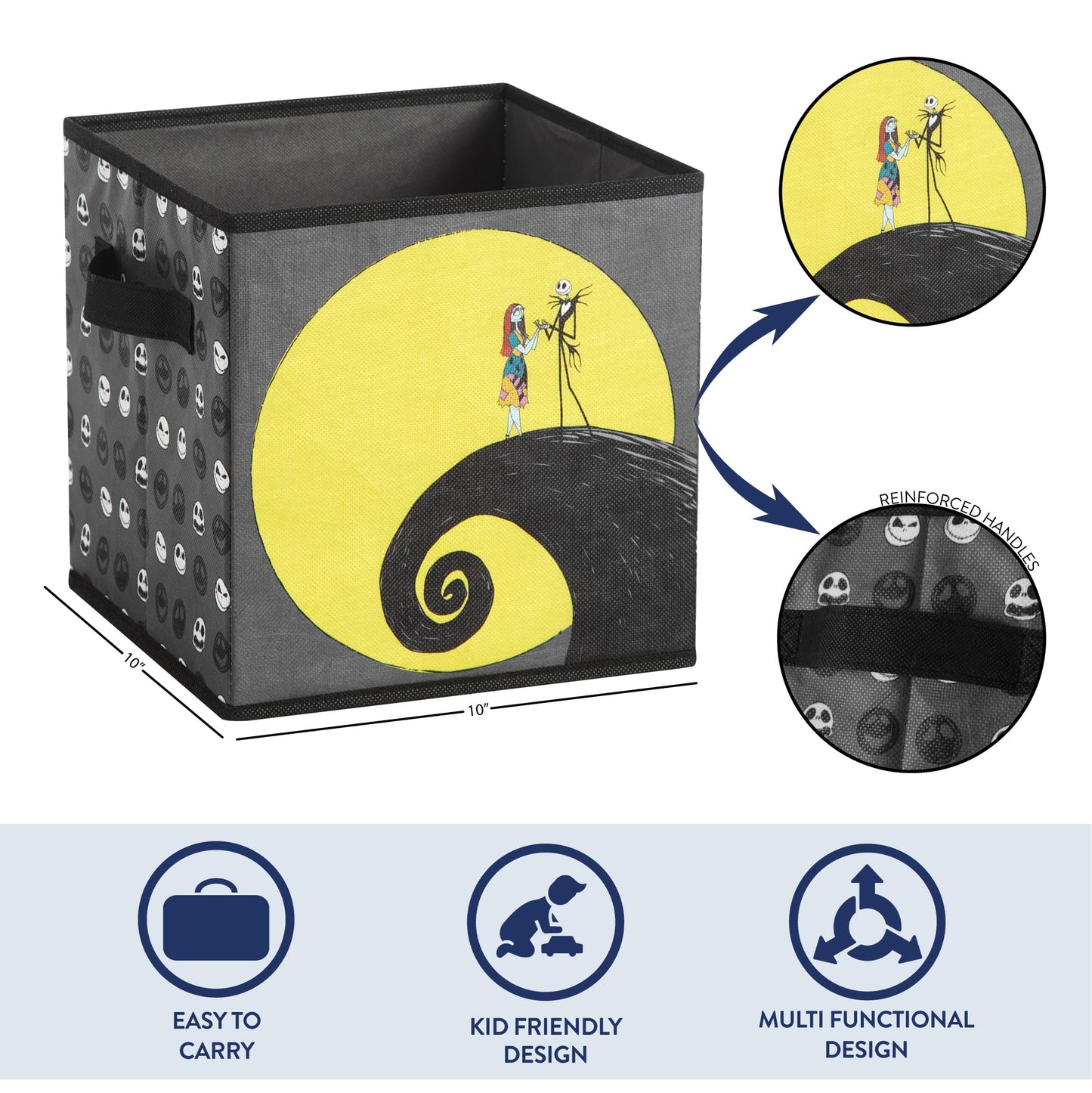 Nightmare Before Christmas Jack and Sally Set of 2 Durable Storage Cubes with Handles, 10"x10"x10" Cubes