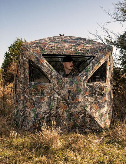 TIDEWE Hunting Blind 360°See Through with Large Open Door, Pop Up Ground Blind with Removable Curtain & Carrying Bag, Portable Resilient Tent(Forest Fade Camo, 2-3 Person, 4-Sided Swing Door)