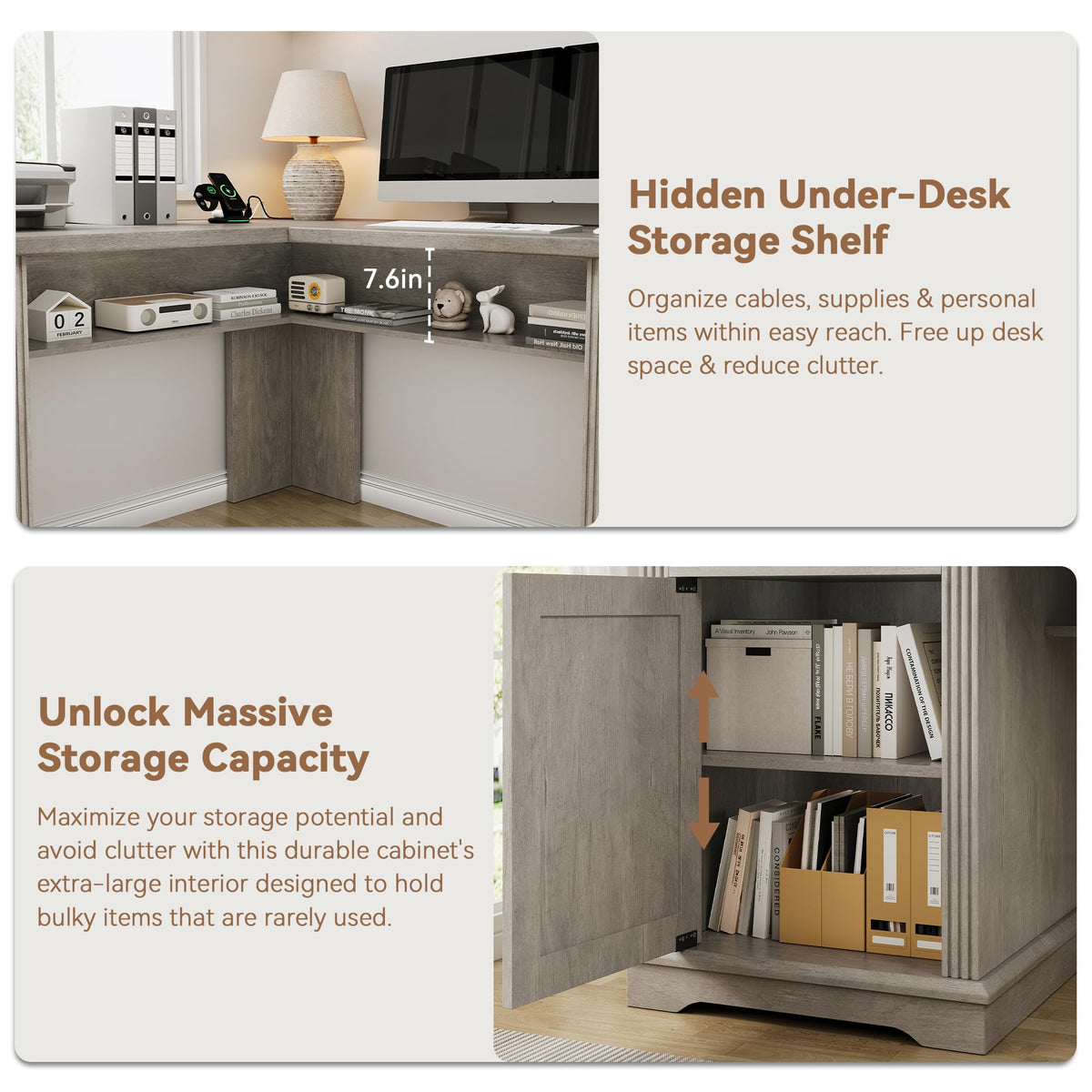 Farmhouse L Shaped Executive Desk with 4 Drawers, Home Office Desk with Hidden Under-Desk Storage Shelf and Charging Station, File Cabinet Storage, Wood Corner Computer Desk for Work and Study(Grey)
