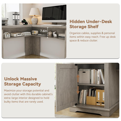 Farmhouse L Shaped Executive Desk with 4 Drawers, Home Office Desk with Hidden Under-Desk Storage Shelf and Charging Station, File Cabinet Storage, Wood Corner Computer Desk for Work and Study(Grey)