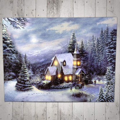 LED Wall Art - Lighted Church Christmas Canvas Print - Light Up LED Winter Woodland Country - Snowy Forest Setting - Measures 11.75" x 15.75"