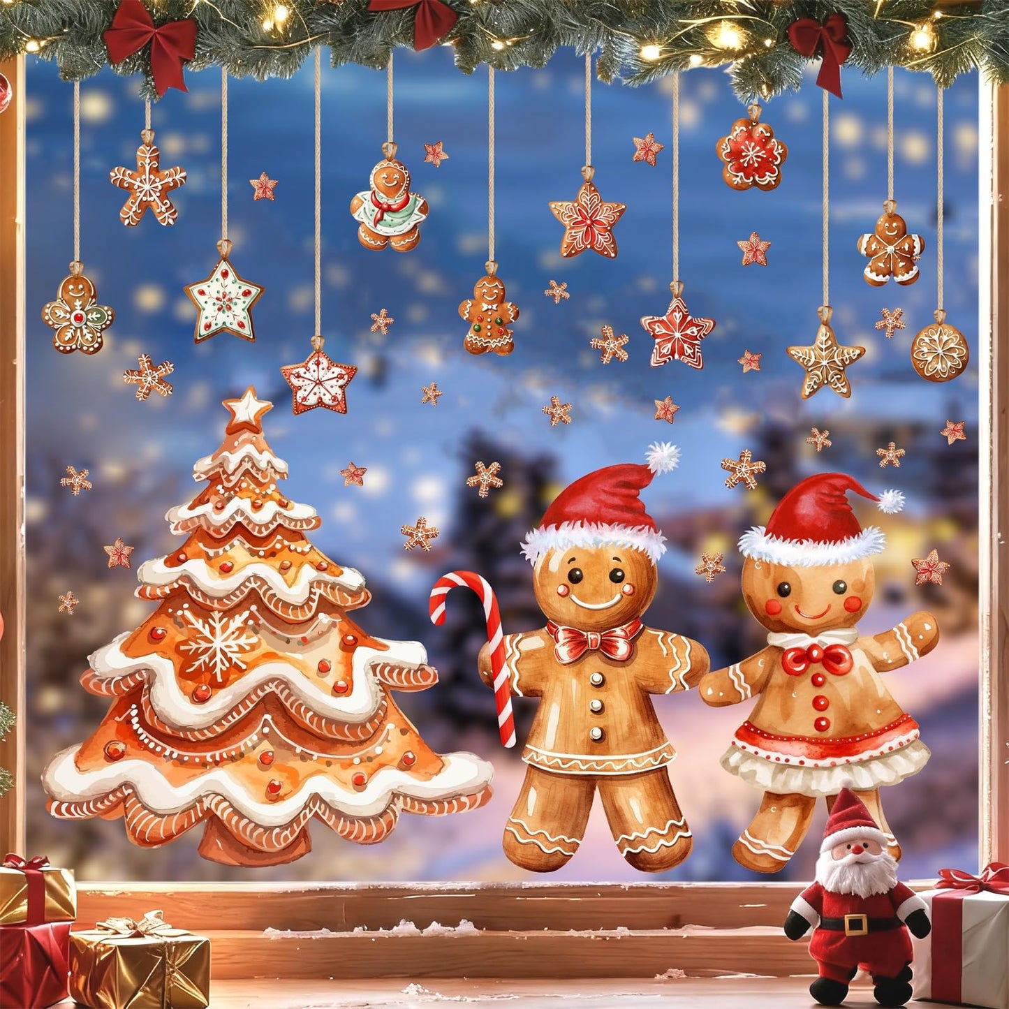 Christmas Window Decoration Clings Gingerbread Decals for Glass Double-Side Xmas Tree Holiday Window Decal Reusable Removable Snowflake Static Cling for Indoor Home Office Display Winter Decoration