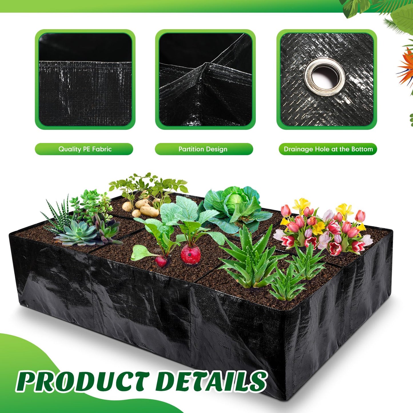 Woanger 8 Pcs 35 Gallon Fabric Raised Garden Bed Outdoor Planter Bags -Garden Grow Bags with 6 Divided Grids Drainage Holes for Vegetables, Flowers, Herbs - Outdoor Patio Gardening Containers
