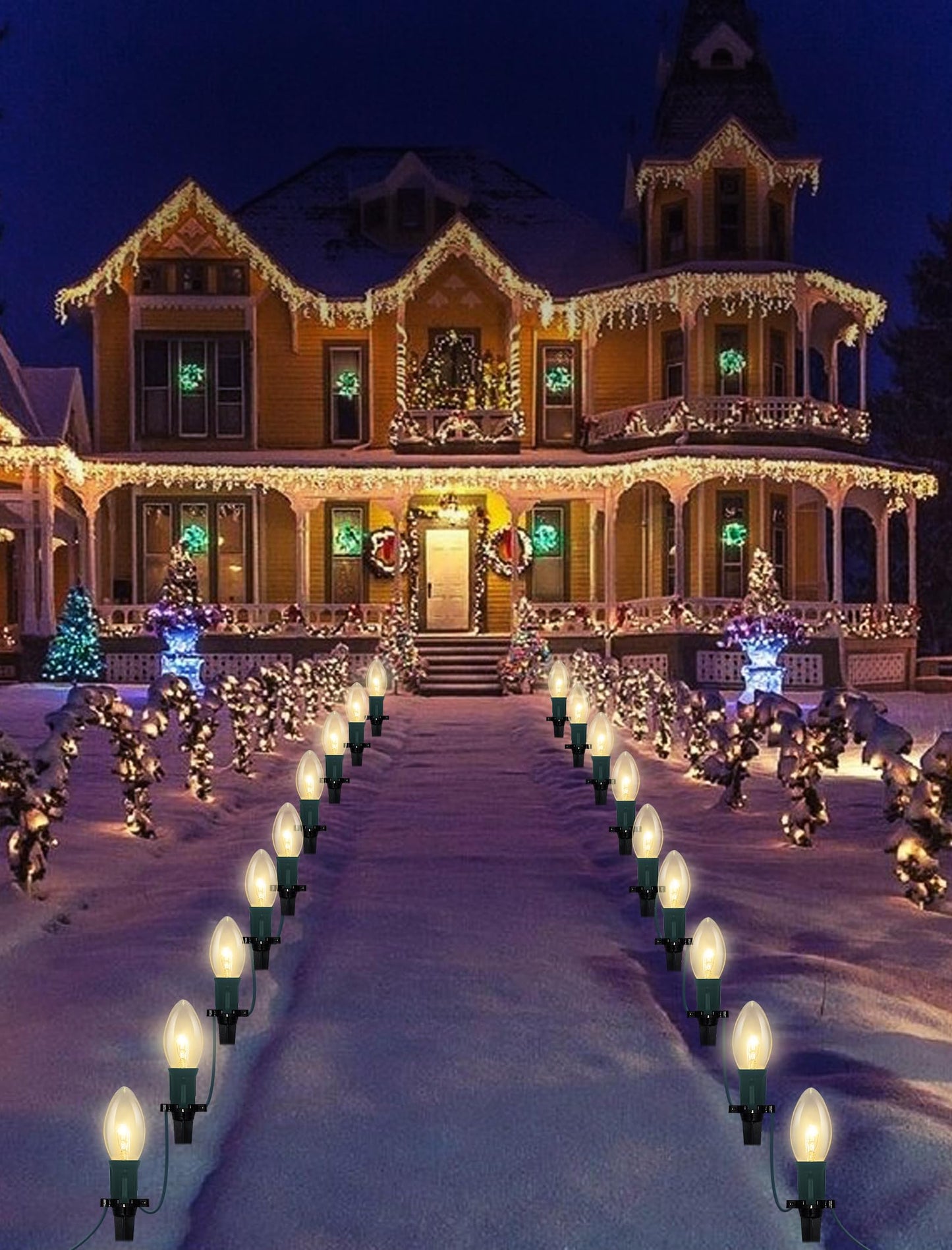 GOOTHY Christmas Pathway Lights Outdoor, 38Ft Outdoor Xmas Decorations String Lights with 25 C9 Warm White Christmas Pathway Stakes Lights for Walkway Yard Lawn Sidewalk Driveway Garden