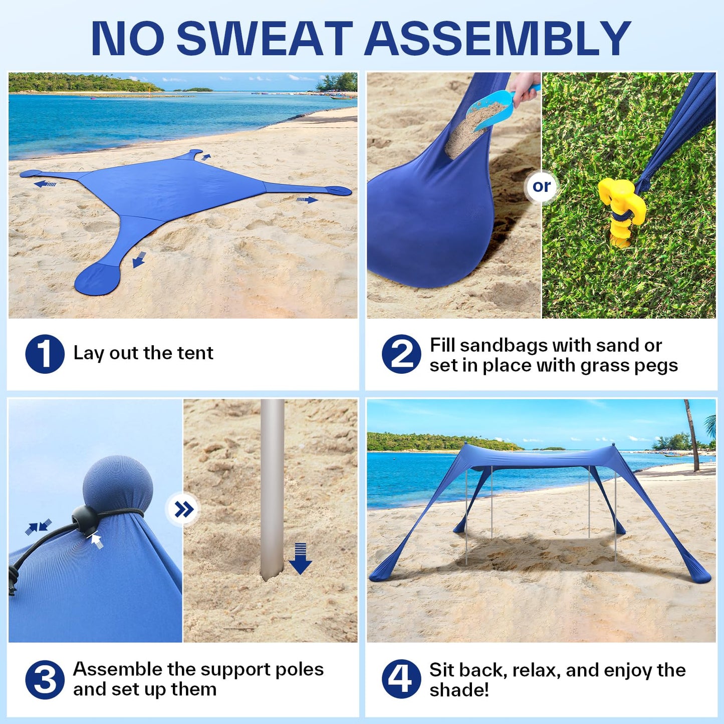 Sportneer Beach Tent, 10x10FT Beach Canopy Sun Shelter UPF50+ with Sandbags, Sand Shovels, Ground Pegs & Stability Poles, Outdoor Beach Shade Canopy for Beach Camping Fishing