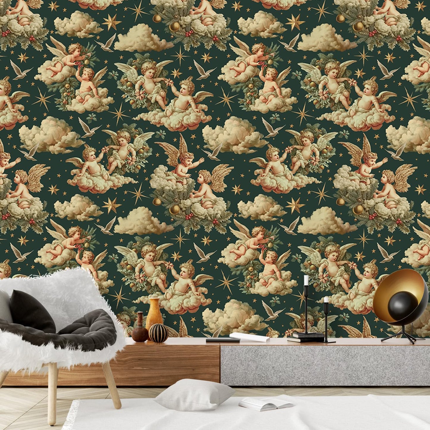 LHIUEM Lovely Cupids Peel and Stick Wallpaper Cupid Baby Angel Wings Vintage Wallpaper(17.3”X118”) White Angel Removable Gift Wrapping Paper Valentine's Day Accessory Kit for Bedroom Renter