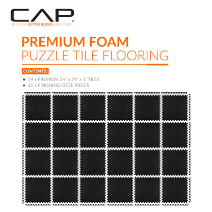CAP Barbell 1-Inch Interlocking EVA Foam Exercise Puzzle Mat Home Gym Flooring - 4 Pack | 24" x 24" x 1" | T Pattern - Black