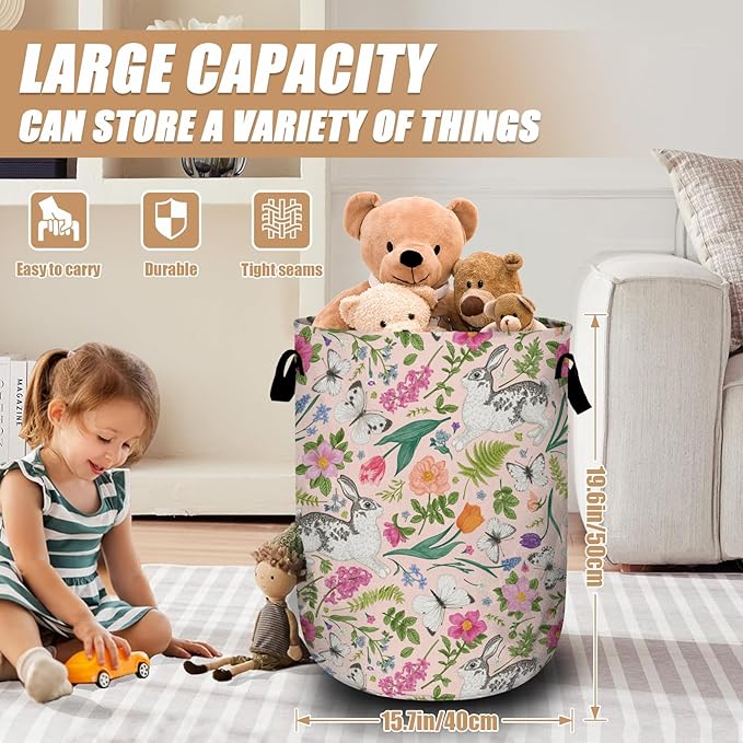 Bunny Rabbit Laundry Basket, Foldable Rabbit Flower Laundry Hamper Tote Bag