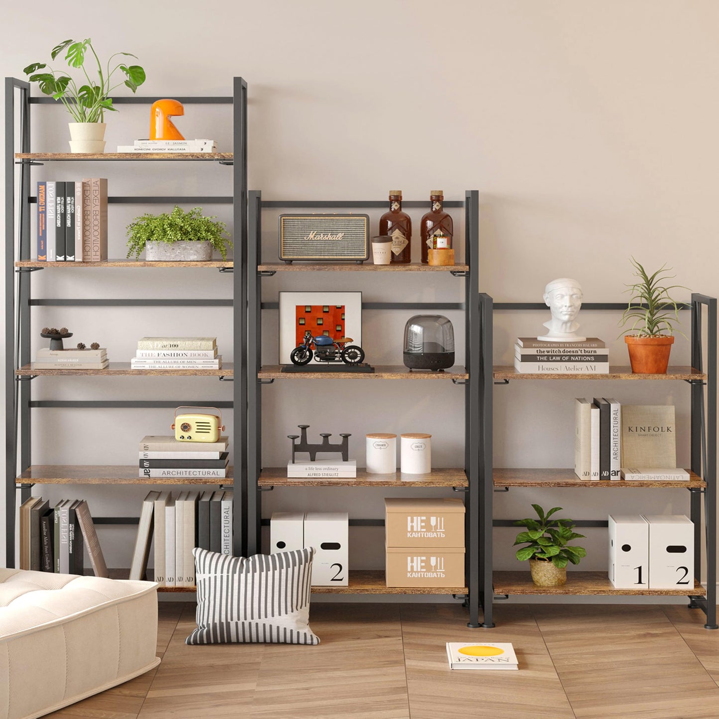 BHG Vintage Multifunctional Folding Bookshelf, No-Assembly Plant Stand Storage Rack Shelves for Home Office (Fire, 5-Tier)
