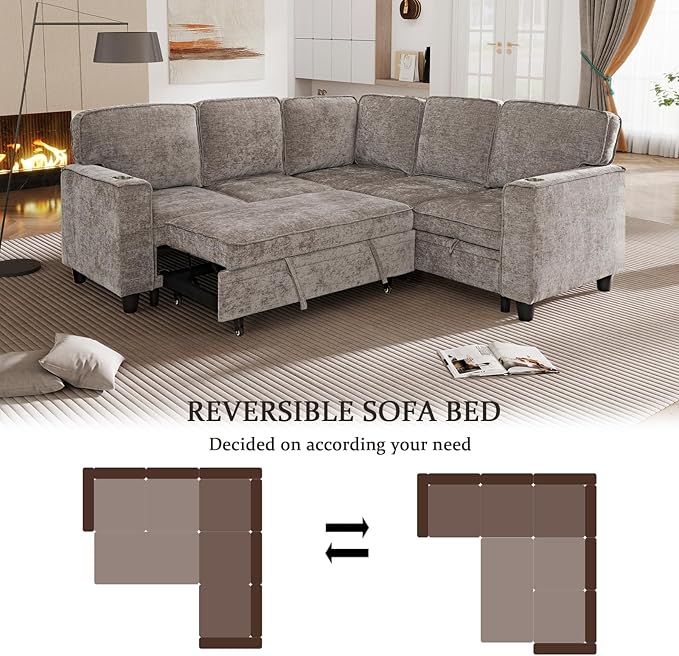 L-Shaped Sectional Couch with Storage and Pull Out Bed, Convertible Sofa Bed