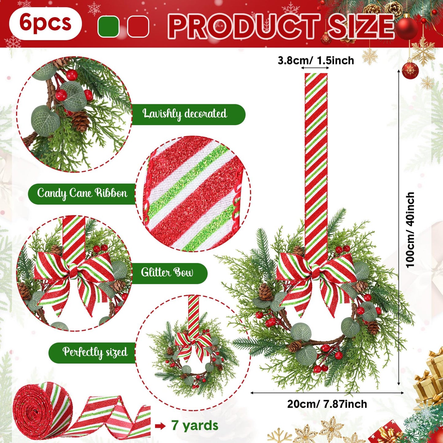 Suncalla 8 Pcs Christmas Kichen Cabinet Wreaths Bulk 7.87 Candy Cane Artificial Faux Candle Ring Wreath with Glitter Red White Green Ribbon Bow Pine Berries Christmas Decor for Xmas Home Window Door
