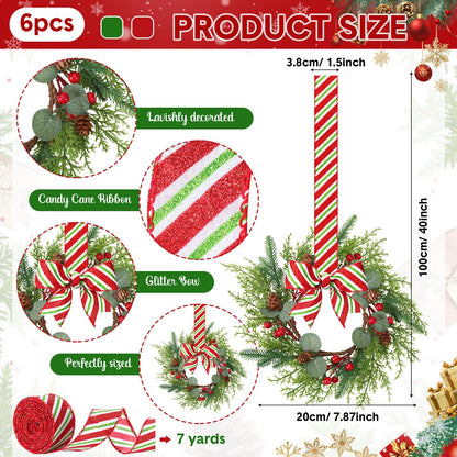 Suncalla 8 Pcs Christmas Kichen Cabinet Wreaths Bulk 7.87 Candy Cane Artificial Faux Candle Ring Wreath with Glitter Red White Green Ribbon Bow Pine Berries Christmas Decor for Xmas Home Window Door