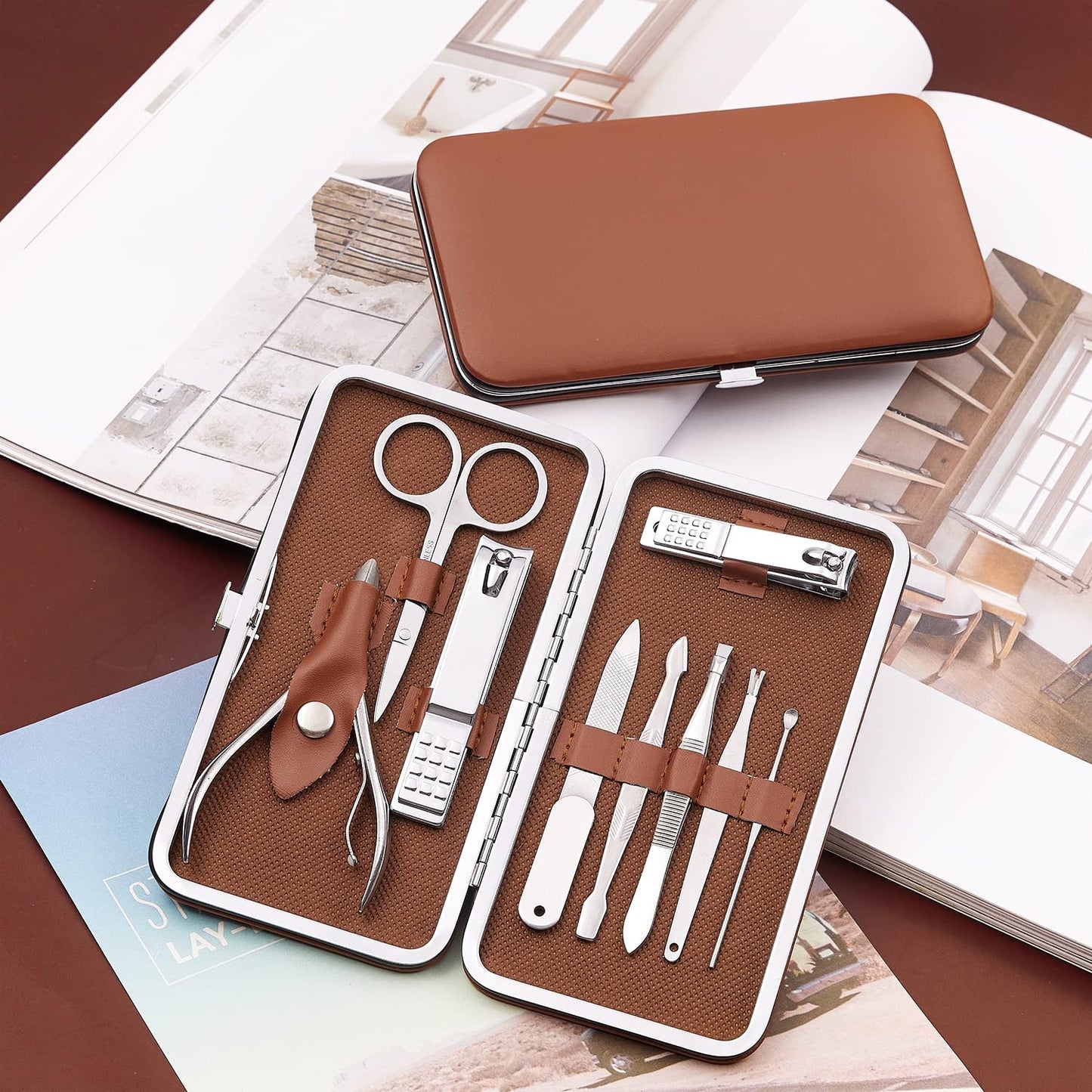 FAMILIFE Manicure Set, Nail Professional Kit Manicure Kits Nail Clipper Sets, 13PCS Stainless Steel Pedicure Sets Mens Grooming Tool, with Brown Leather Travel Case for Men