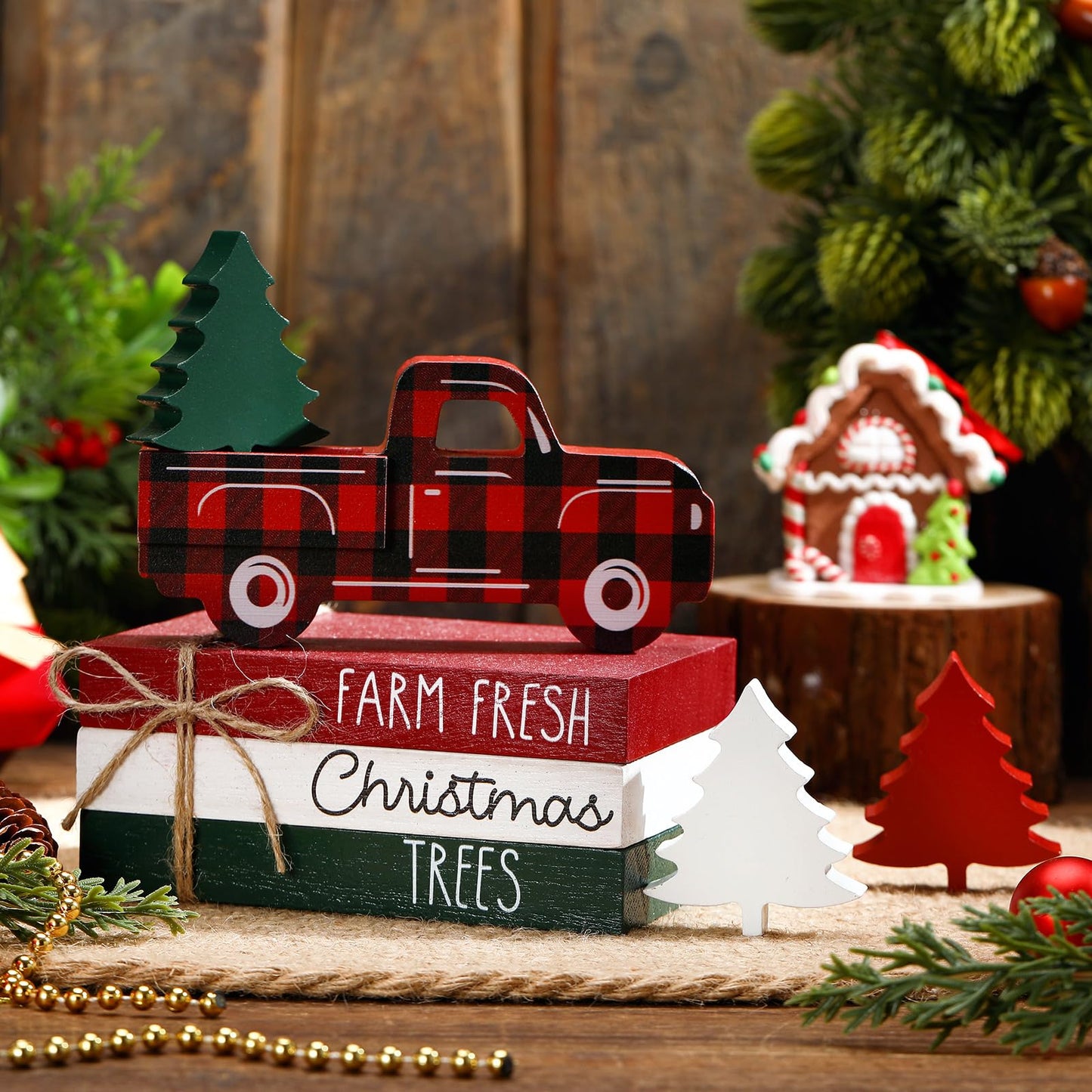 DoubleFill 7 Pcs Christmas Tiered Tray Decor Christmas Table Centerpiece Wooden Red Truck Tree Decor Block Sign 3 Faux Books Bundle with Twine for Xmas Bookshelf Farmhouse Home Party Rustic Decoration