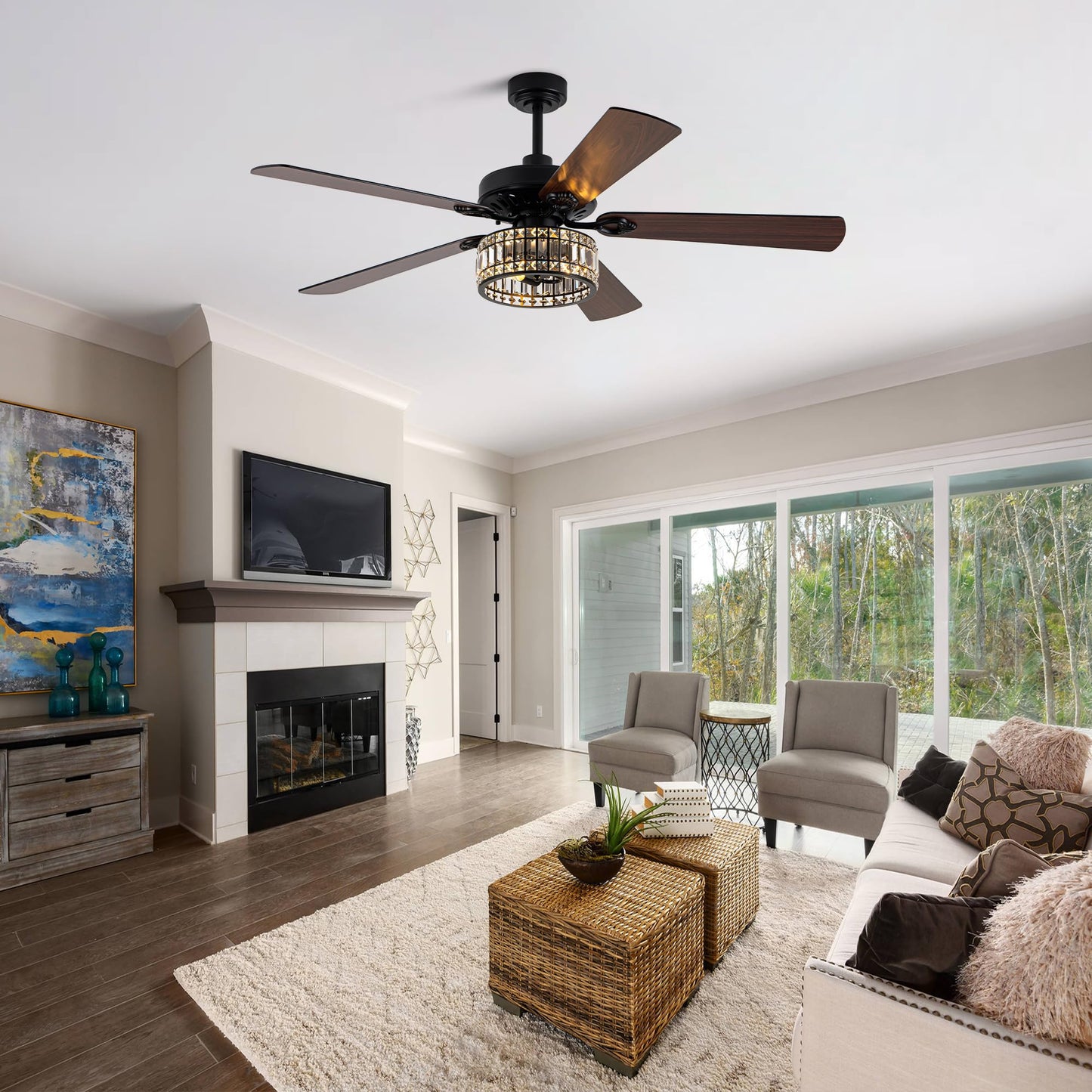 Dawn Whisper 60 Inch Crystal Chandelier Ceiling Fans with Lights Black Large Modern Ceiling Fans for Living Room Bedroom Quiet and Reversible DC Motor 6 Speeds Enegery Efficient