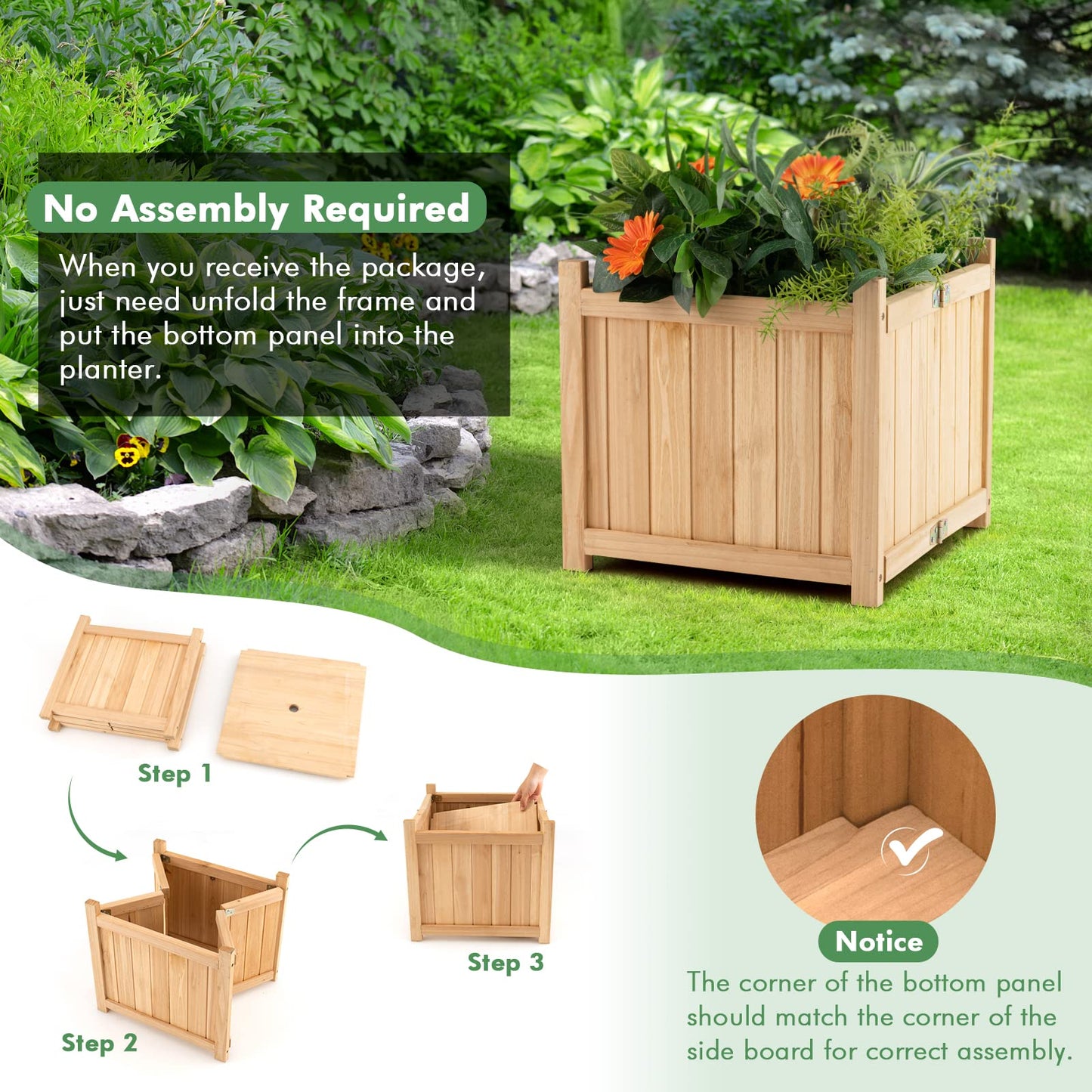 S AFSTAR Outdoor Wooden Planter Box, Folding Raised Garden Bed W/Drainage Hole, Patio Square Plant Container for Flowers, Vegetables, Fruits, Herbs, Collapsible Planting Box for Yard, 15" x 15" x 14"