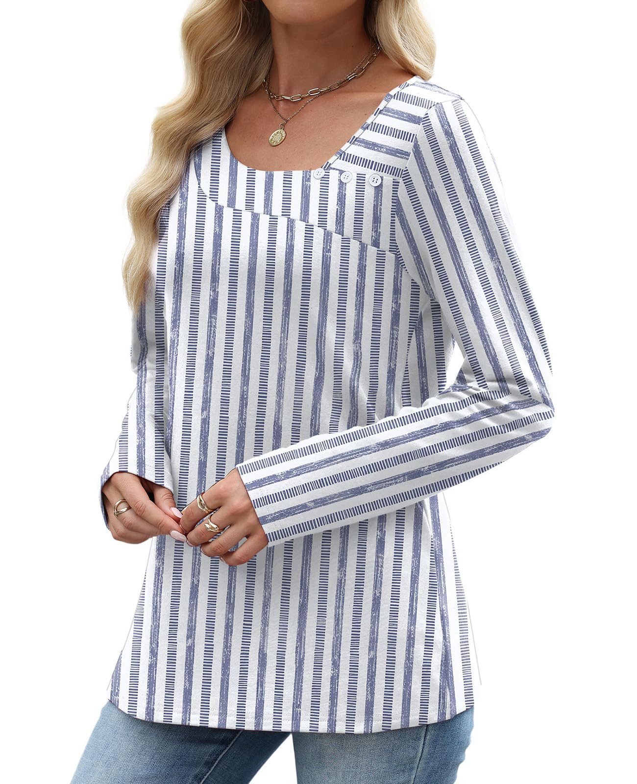 OFEEFAN Long Sleeve Shirts for Women Fall Clothes Asymmetric Square Neck Tunic Tops Decorative Buttons