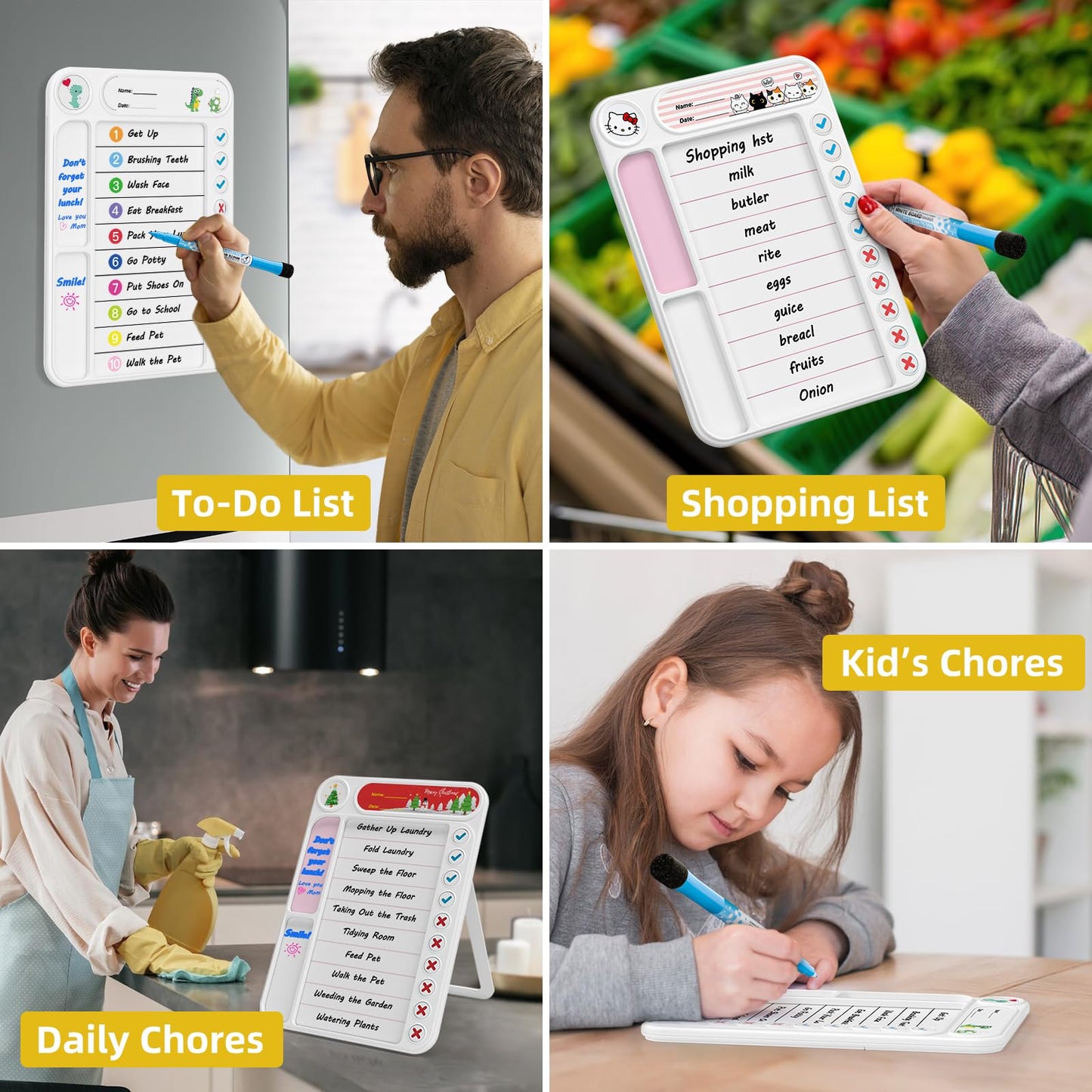 Magnetic Chore Chart for Kids, ADHD Task Tracker Easy-Check Routine Dry Erase Board, to-Do List Planning Tool with Stand for Fridge/Desk/Home/School, 6 Reusable Sheets, 2 Markers-Raw White