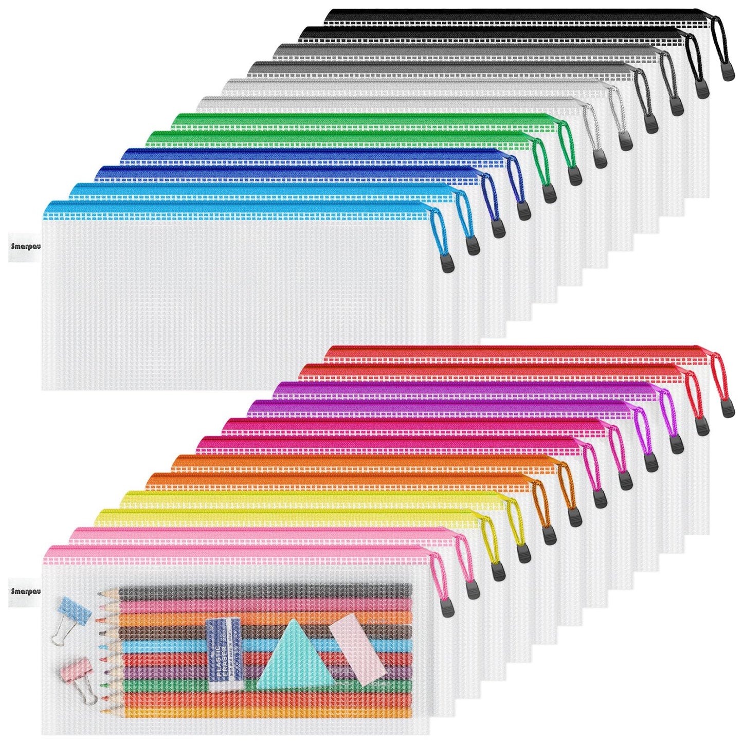 Smarpau 24PCS Pencil Pouches Bulk, 9.3" x 4.7"Mesh Zipper Pouch Pencil Case, 12 Colors Waterproof Small Zipper Pouches for Travel, Cosmetics, Office Organization