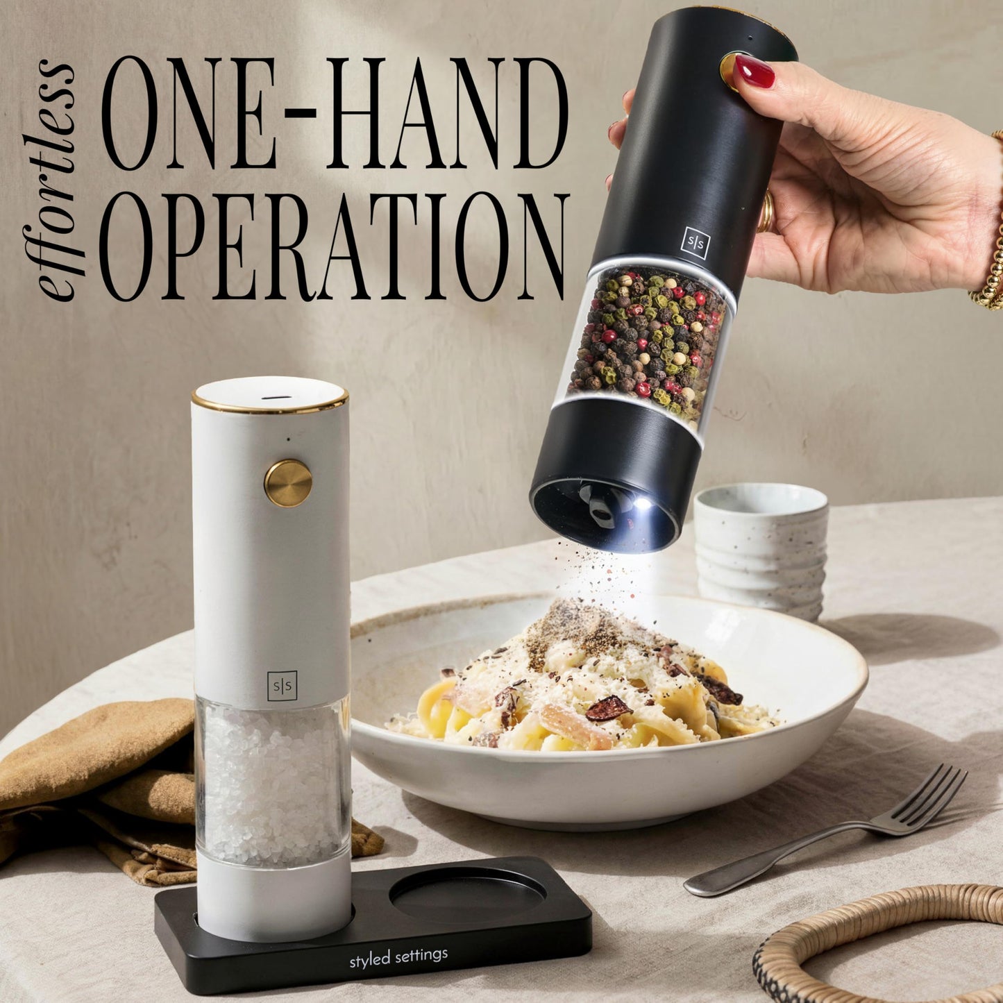 Rechargeable Electric Salt and Pepper Grinder Set – Sleek Stainless Steel White and Black Black Salt and Pepper Grinder Set with USB-C Charging, Adjustable Coarseness, LED Light, One Touch Control