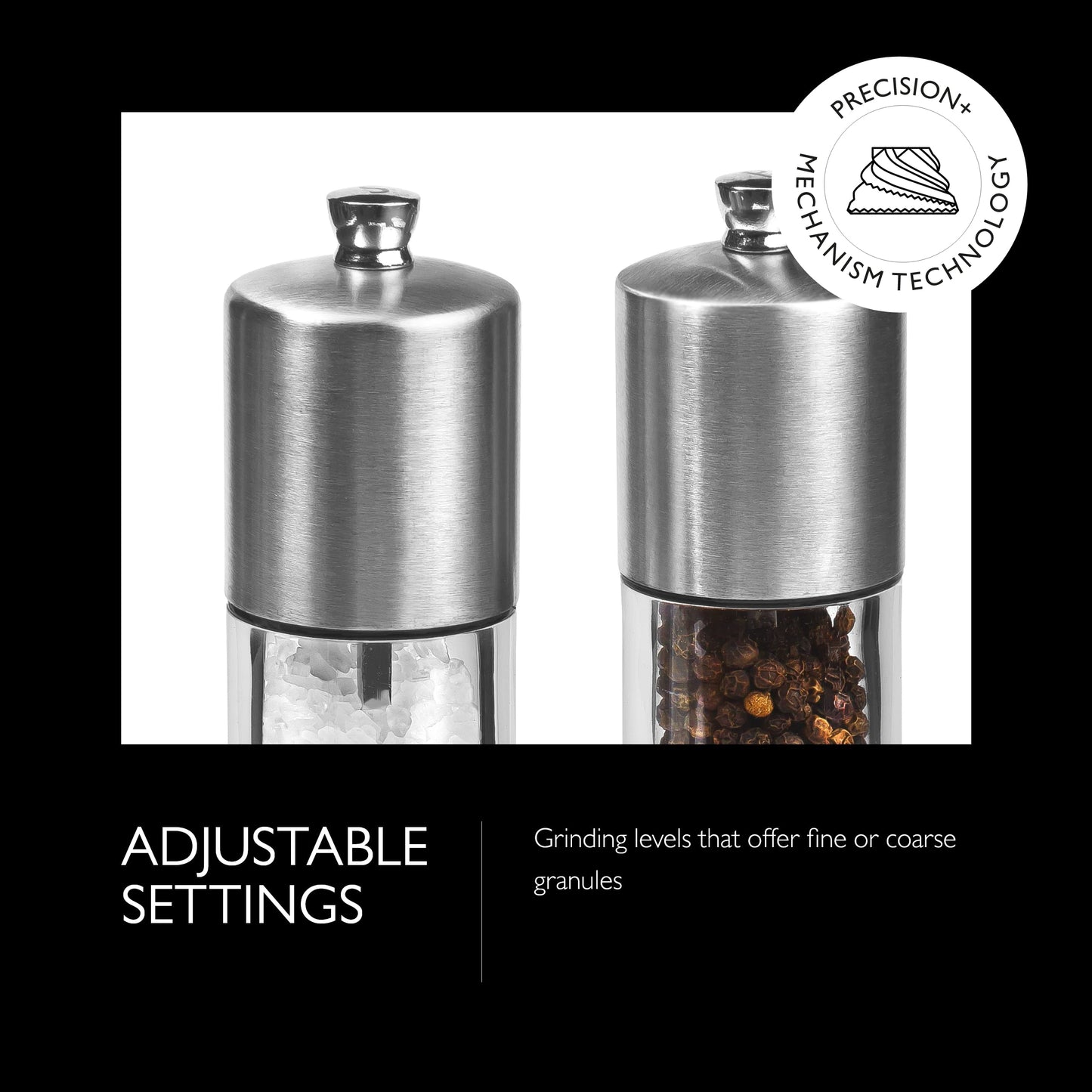 Cole & Mason Everyday Salt & Pepper Mill Gift Set - Filled Salt & Pepper Grinders - Refillable & Adjustable Mill Set - Acrylic & Stainless Steel Salt & Pepper Grinders - Hand Wash - Stainless Steel