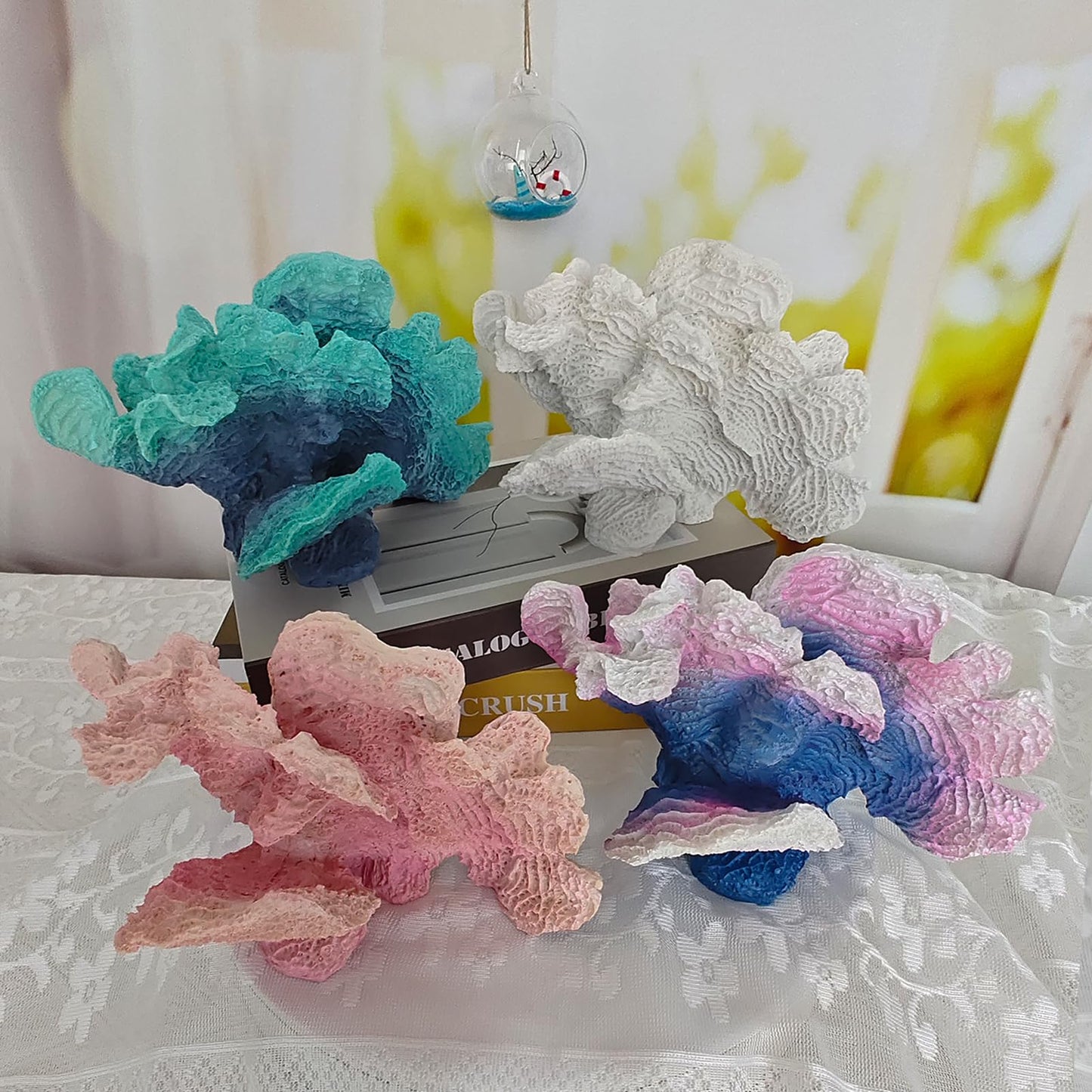 Afadorable Artificial Sea Coral Statue, Sculpture Home Decor Resin Nautical Coastal Decorations for Beach Themed Party Wedding Room Kitchen Table Shelf (Blue Green)