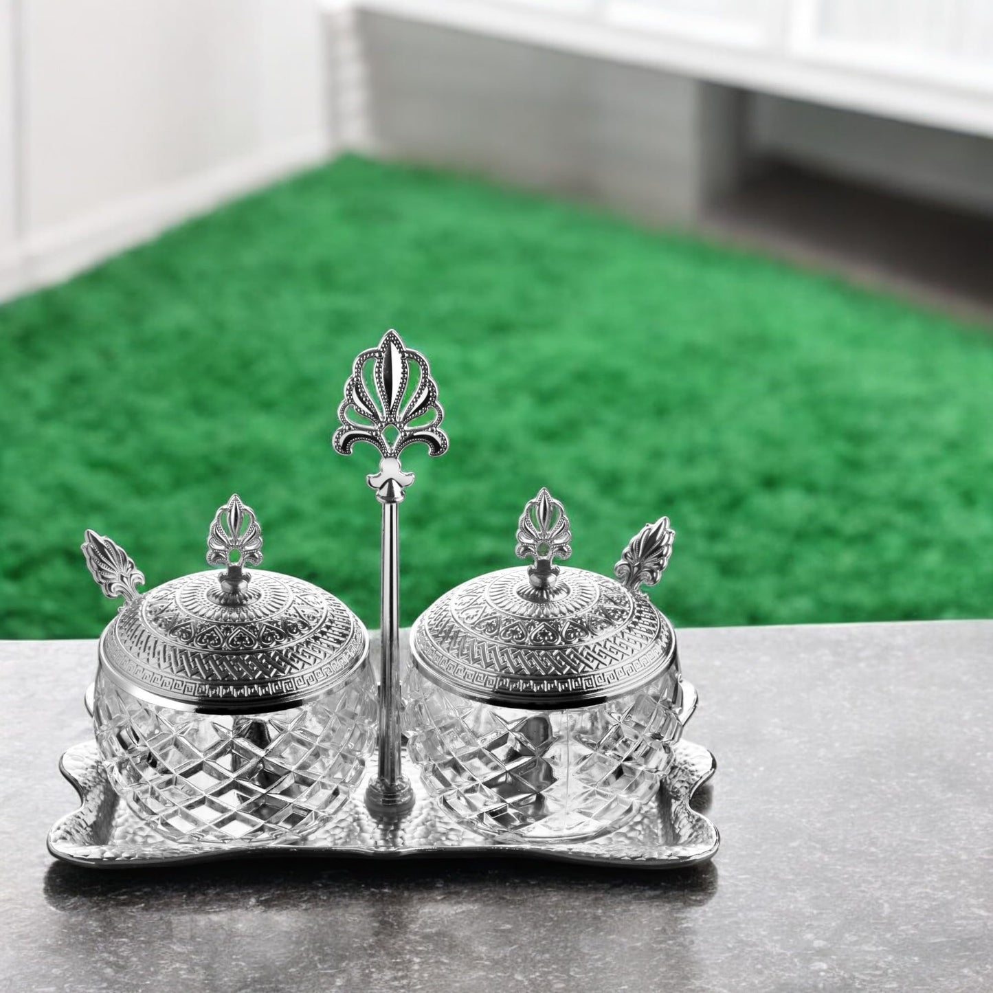 Alisveristime 2-Piece Spice Holder Set with Zamac Lids, Glass Jars, and Metal Tray Stand - Elegant Storage for Sugar, Salt, and Spices (Gold & Silver) (Silver)