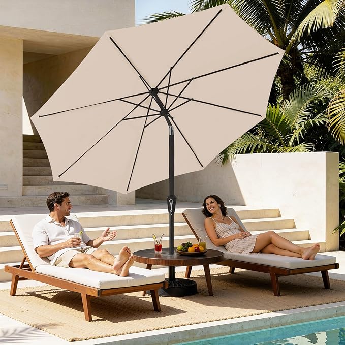MEWAY 9ft Patio Umbrella Outdoor Table Umbrellas with Push Button Tilt and Crank, Market Umbrella 8 Sturdy Ribs for Deck, Garden, Pool and Backyard, Beige