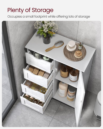 VASAGLE Bathroom Floor Storage Cabinet, Wooden Storage Unit with 4 Drawers, Single Door, Adjustable Shelf, for Living Room, Kitchen, Entryway, White LHC41W