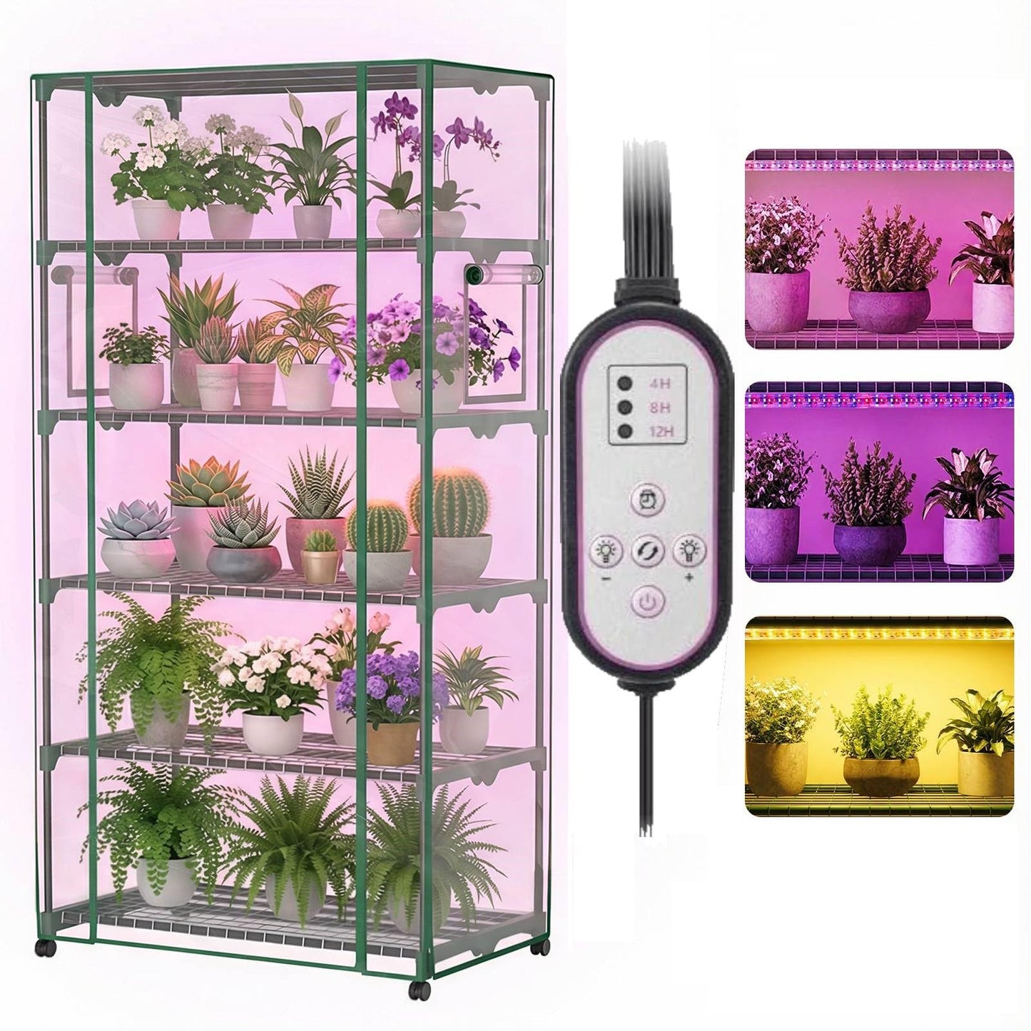 5 Tier Indoor Greenhouse with Grow Lights & Wheels & 2 Ventilation Windows , 36"x19"x70" Portable Green House Cabinet Kit with 5 Shelves Transparent PE Cover