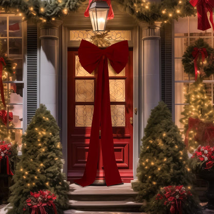 Knitgrip 1 Pack Extra Large Christmas Front Door Bow Decorations 27 x 78 Inch Burgundy Giant Velvet Christmas Tree Topper Bow with Long Streamers Wreath Wall Decor for Home Xmas Room Holiday Porch