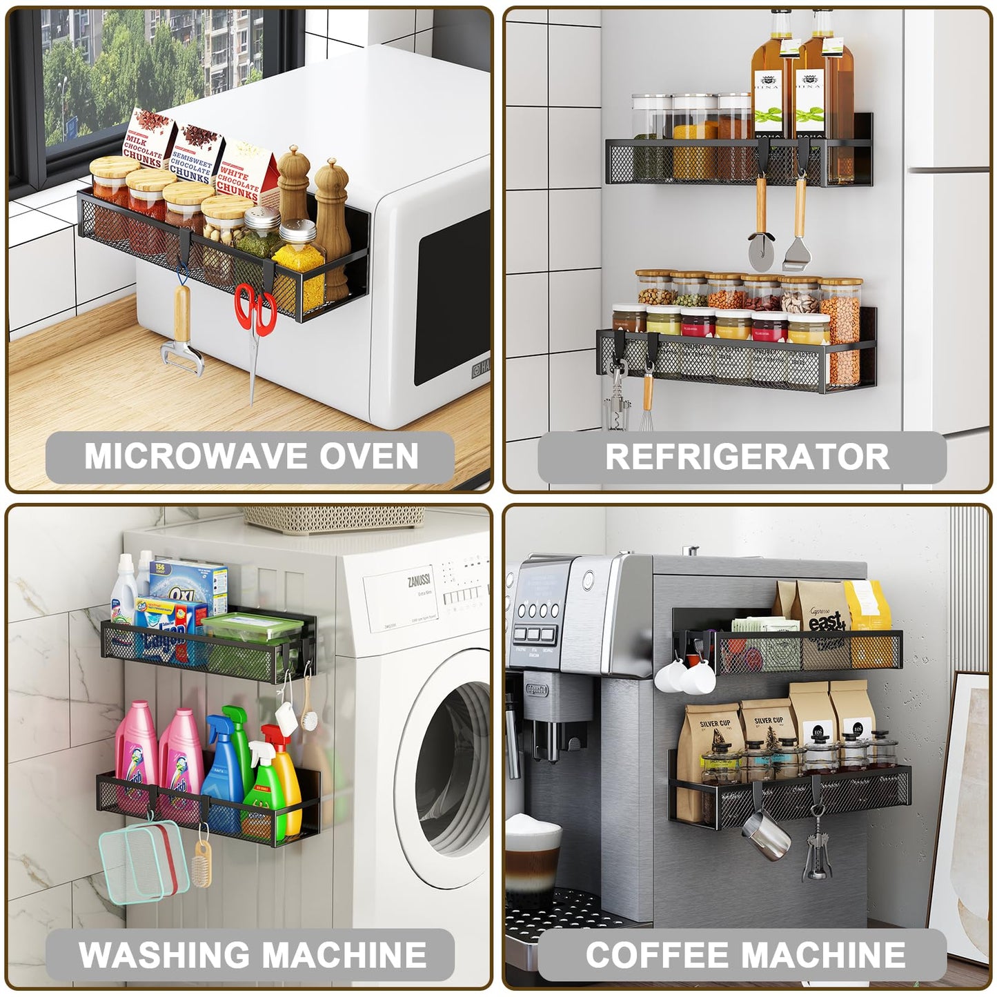 Magnetic Spice Rack for Refrigerator, 4 Pack Magnetic Shelf, Fridge Magnet Organizer with Moveable 8 Hooks, Magnetic Fridge Shelf for Kitchen Organization and Storage (4 Pack)