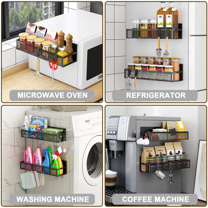 Magnetic Spice Rack for Refrigerator, 4 Pack Magnetic Shelf, Fridge Magnet Organizer with Moveable 8 Hooks, Magnetic Fridge Shelf for Kitchen Organization and Storage (4 Pack)