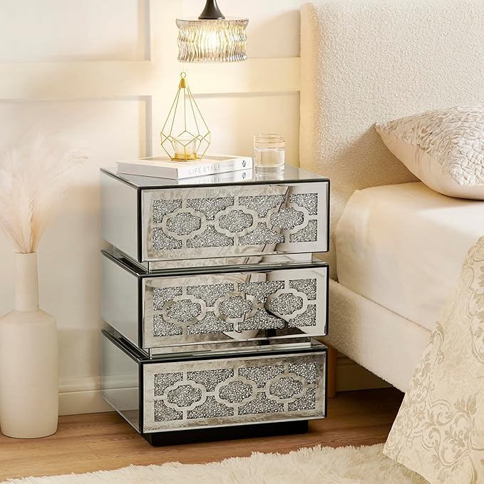 Mirrored Bedside Nightstand, Modern Side Table
