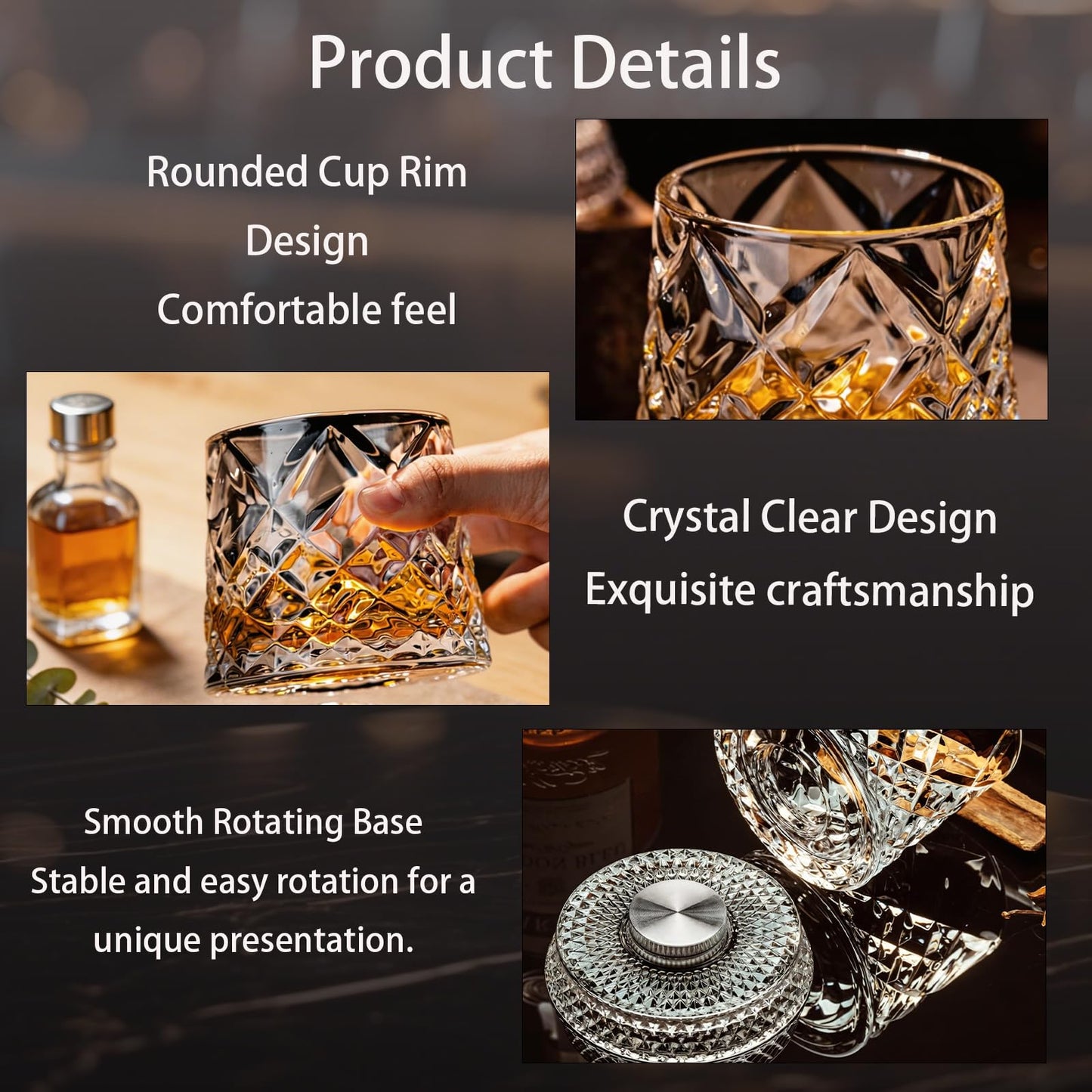 Spinning Whiskey Glass,Set of 2 – 360° Rotating Crystal Whiskey Tumblers with Heavy Base,Lead-Free Premium Glass for Bourbon & Scotch,Unique Gift for Men(A)