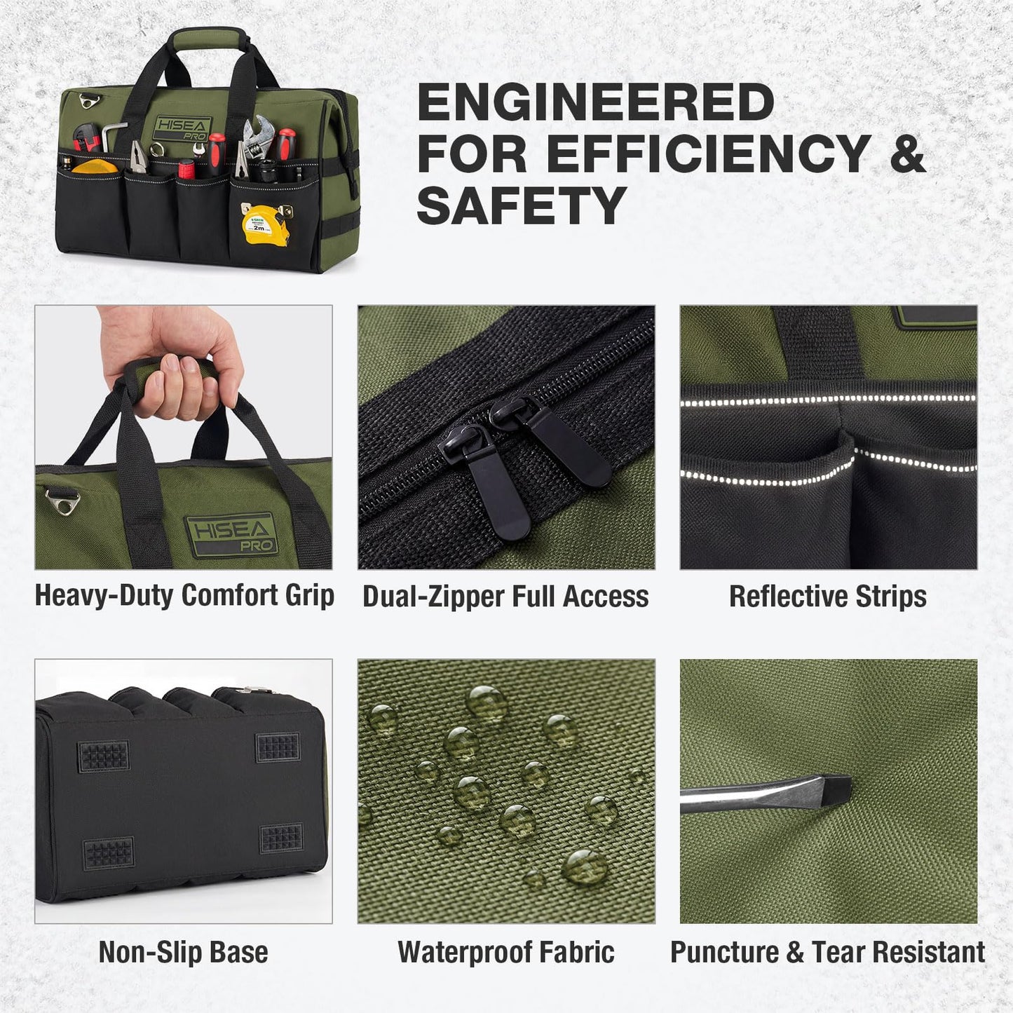 HISEA Heavy Duty Tool Bag 20 Pockets, 16-Inch Portable Tool Box Organizer, 600D Waterproof Wide Mouth Large Storage Toolbag for Electrician, Tradesman with Adjustable Shoulder Strap