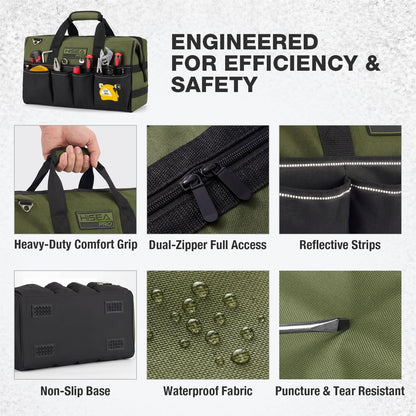 HISEA Heavy Duty Tool Bag 20 Pockets, 16-Inch Portable Tool Box Organizer, 600D Waterproof Wide Mouth Large Storage Toolbag for Electrician, Tradesman with Adjustable Shoulder Strap
