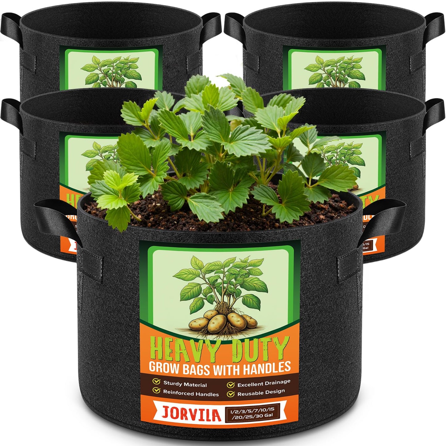 Jorvila 5 Pack 15 Gallon Grow Bags, Thickened Nonwoven Fabric Planter Pots with Handles, Heavy Duty 300G Garden Pots for Tomato, Potato and Vegetable